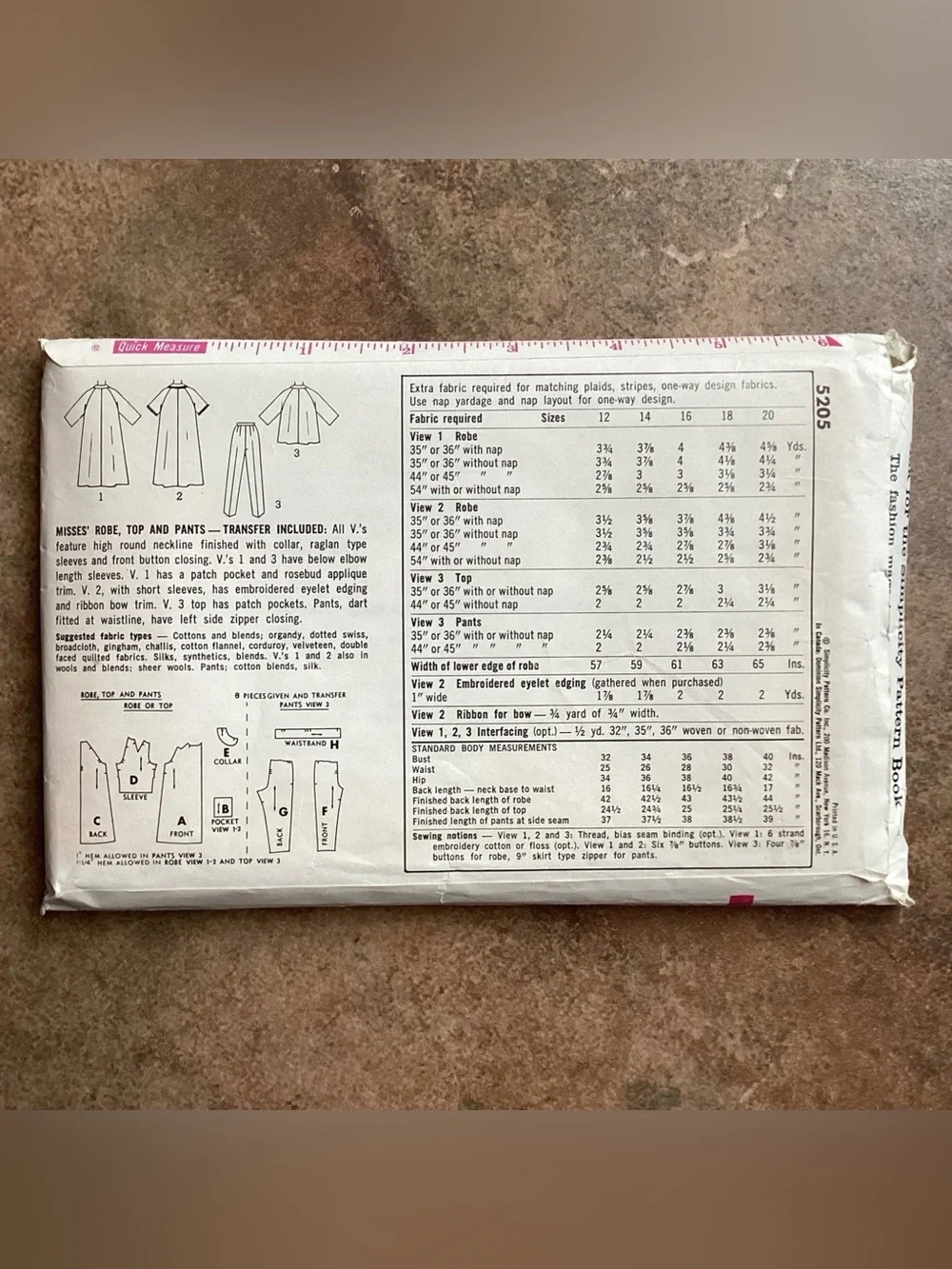 Vintage 1963 Simplicity 5205 Sewing Pattern Misses' Robe, Top & Pants 60s